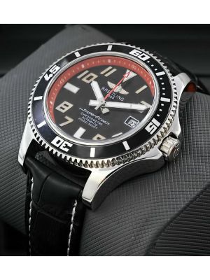 Breitling Superocean 42 Black Red Dial Leather Strap Watch