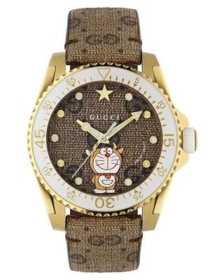 Gucci Dive Doraemon Brown Dial Brown Leather Strap Watch 