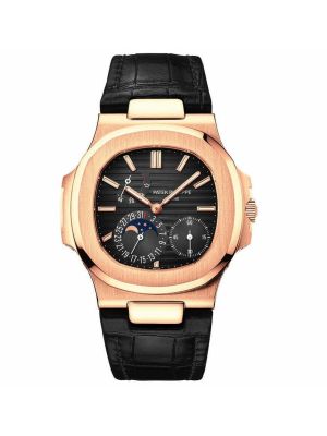 Patek Philippe Nautilus Rose Gold Black Leather Strap Replica Watches in Lahore