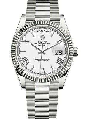 Rolex Day-Date White Roman Dial Fluted Bezel President Bracelet Watch