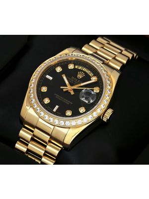 Rolex Day Date Yellow Gold Diamond Bezel Black Dail Men’s  replica watches in karachi