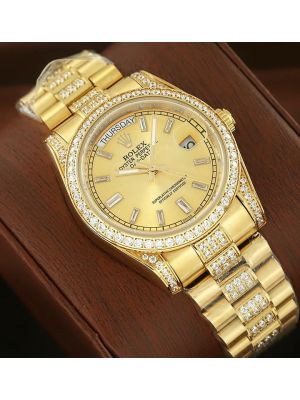 Rolex Day Date Yellow Gold Diamond Bezel Diamond Dial Swiss Watch 