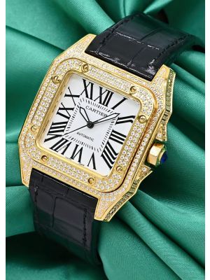 Cartier Santos 100 Diamond Bezel Black Straps Watch
