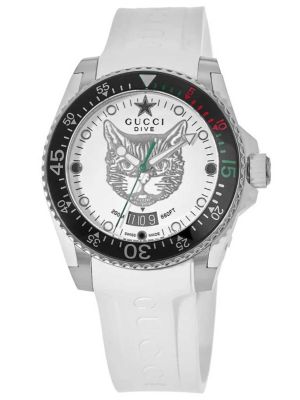 Gucci Dive Tiger White Dial White Rubber Strap Watch 