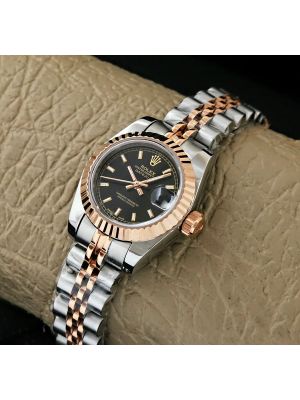 High quality replica Rolex Datejust Black Dial Rose Gold Fluted Bezel Two Tone Ladies watches