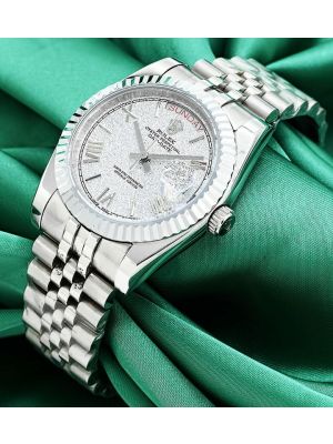 Rolex day date frosted silver dial watch